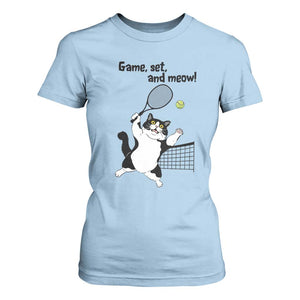 Funny Chubby Cat Tennis T Shirt For Women Game Set And Meow TS12 Light Blue Print Your Wear