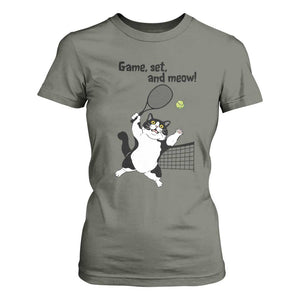 Funny Chubby Cat Tennis T Shirt For Women Game Set And Meow TS12 Military Green Print Your Wear