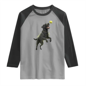 Playful Black Labrador Fetching Chasing Tennis Ball Raglan Shirt TS12 Sport Gray Black Print Your Wear