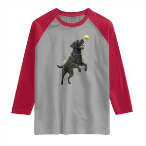 Playful Black Labrador Fetching Chasing Tennis Ball Raglan Shirt TS12 Sport Gray Red Print Your Wear
