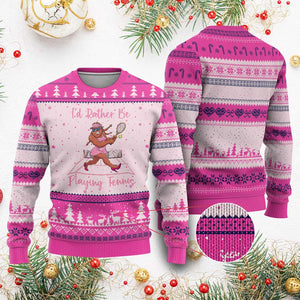 Funny Sexy Bigfoot Playing Tennis Ugly Christmas Sweater Gift For Girls TS12 Hot Pink Print Your Wear