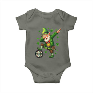 St Patricks Day Cheerful Gnome Dabbing Baby Onesie Darts Lover Gift TS12 Military Green Print Your Wear