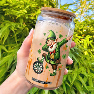 St Patricks Day Cheerful Gnome Dabbing Glass Can Darts Lover Gift TS12 White Print Your Wear