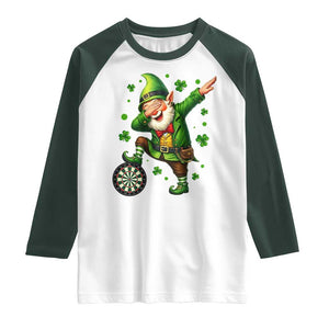 St Patricks Day Cheerful Gnome Dabbing Raglan Shirt Darts Lover Gift TS12 White Dark Forest Green Print Your Wear