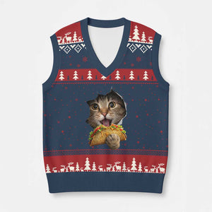 Funny Cat Eating Taco V-Neck Knit Sweater Vest Mexican Food Lover Gift TS12 Navy Red Print Your Wear