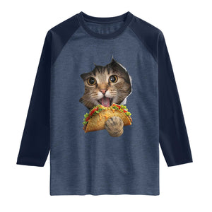 Funny Cat Eating Taco Raglan Shirt Mexican Food Lover Gift TS12 Heather Denim Navy Print Your Wear