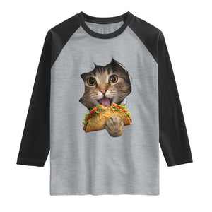 Funny Cat Eating Taco Raglan Shirt Mexican Food Lover Gift TS12 Heather Gray Black Print Your Wear