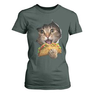 Funny Cat Eating Taco T Shirt For Women Mexican Food Lover Gift TS12 Dark Forest Green Print Your Wear