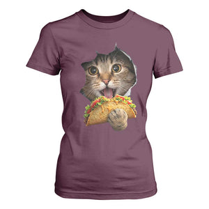 Funny Cat Eating Taco T Shirt For Women Mexican Food Lover Gift TS12 Maroon Print Your Wear