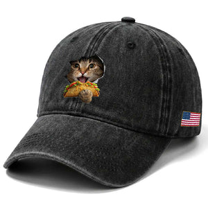 Funny Cat Eating Taco Washed Cotton Baseball Cap Mexican Food Lover Gift TS12 Print Your Wear