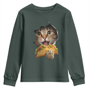 Funny Cat Eating Taco Youth Sweatshirt Mexican Food Lover Gift TS12 Dark Forest Green Print Your Wear