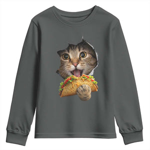 Funny Cat Eating Taco Youth Sweatshirt Mexican Food Lover Gift TS12 Dark Heather Print Your Wear