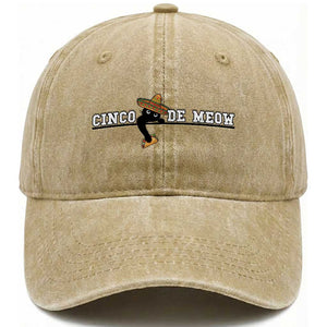 Funny Cinco De Meow Washed Cotton Baseball Cap Cute Black Cat Eating Taco TS12 Print Your Wear