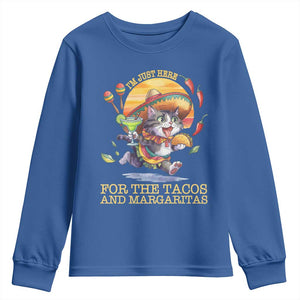 Funny Cinco De Mayo Cat Youth Sweatshirt Just Here For The Tacos And Margaritas TS12 Royal Blue Print Your Wear