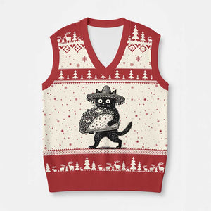 Funny Cinco De Mayo Black Cat With Taco V-Neck Knit Sweater Vest Mexican Food Gift TS12 Beige Red Print Your Wear