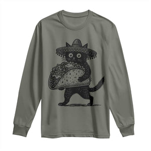 Funny Cinco De Mayo Black Cat With Taco Long Sleeve Shirt Mexican Food Gift TS12 Military Green Print Your Wear