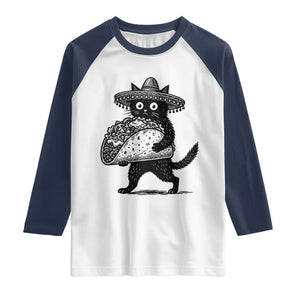 Funny Cinco De Mayo Black Cat With Taco Raglan Shirt Mexican Food Gift TS12 White Navy Print Your Wear