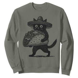 Funny Cinco De Mayo Black Cat With Taco Sweatshirt Mexican Food Gift TS12 Military Green Print Your Wear
