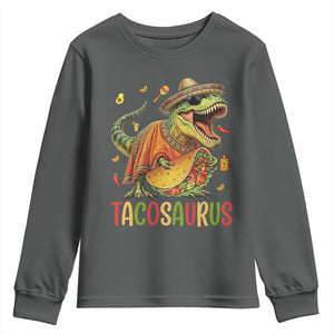 Cinco De Mayo Tacosaurus Youth Sweatshirt Funny Dinosaur Taco Lover Gift TS12 Dark Heather Print Your Wear