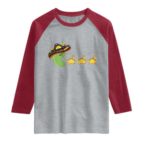 Funny Retro Game Tacosaurus Raglan Shirt Cinco De Mayo Taco Lover Gift TS12 Heather Gray Heather Red Print Your Wear