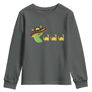 Funny Retro Game Tacosaurus Youth Sweatshirt Cinco De Mayo Taco Lover Gift TS12 Dark Heather Print Your Wear