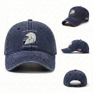 Funny Taco Joke Adult Humor Gift Washed Cotton Baseball Cap Who Wants Fucking Tacos TS12 Washed Cap Universal Fit Navy Print Your Wear