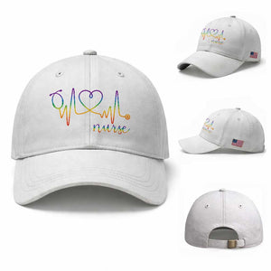 Nurse Heartbeat Rainbow Heart LGBTQ Pride Baseball Cap Medical Professional Support
