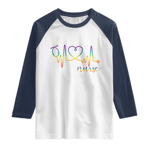 Nurse Heartbeat Rainbow Heart LGBTQ Pride Raglan Shirt Medical Professional Support TS12 White Navy Print Your Wear