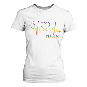 Nurse Heartbeat Rainbow Heart LGBTQ Pride T Shirt For Women Medical Professional Support