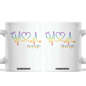 Nurse Heartbeat Rainbow Heart LGBTQ Pride Coffee Mug Medical Professional Support TS12 White Print Your Wear