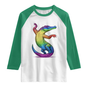 Funny Rainbow Gator LGBTQ Pride Support Raglan Shirt TS12 White Kelly Green Print Your Wear