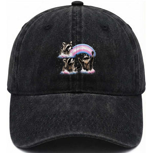 Howling Raccoon LGBTQ Pride Washed Cotton Baseball Cap Rainbow Trash Panda Support