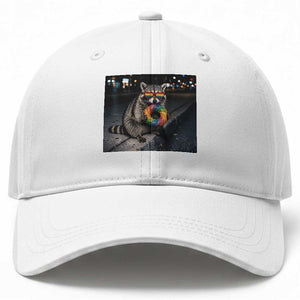 Raccoon Eating Baguette Graphic Baseball Cap Humorous Gay Pride Gift
