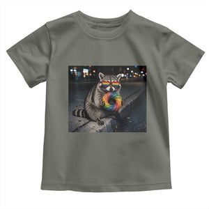 Raccoon Eating Baguette Graphic Toddler T Shirt Humorous Gay Pride Gift TS12 Military Green Print Your Wear