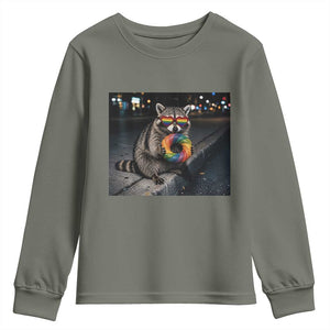 Raccoon Eating Baguette Graphic Youth Sweatshirt Humorous Gay Pride Gift