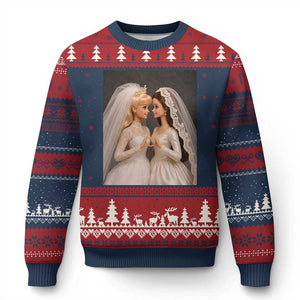 Funny Lesbian Doll Wedding Engagement Ugly Christmas Sweater LGBTQ Pride Gift TS12 Navy Red Print Your Wear