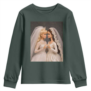 Funny Lesbian Doll Wedding Engagement Youth Sweatshirt LGBTQ Pride Gift TS12 Dark Forest Green Print Your Wear