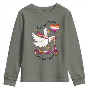 Lesbian Goose On The Loose Youth Sweatshirt Funny LGBTQ Animal Pride Gift TS12 Military Green Print Your Wear