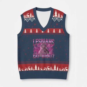 Funny Monkey Meme Lesbians Eat What V-Neck Knit Sweater Vest LGBTQ Pride Gift TS12 Navy Red Print Your Wear