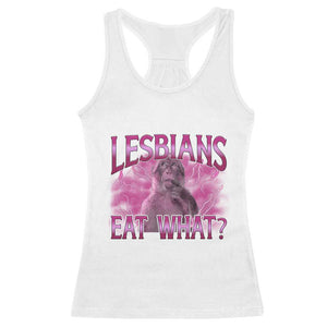 Funny Monkey Meme Lesbians Eat What Racerback Tank Top LGBTQ Pride Gift