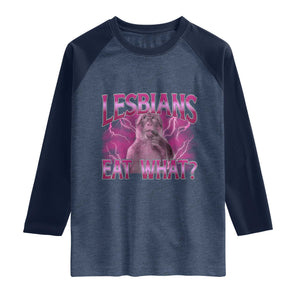 Funny Monkey Meme Lesbians Eat What Raglan Shirt LGBTQ Pride Gift TS12 Heather Denim Navy Print Your Wear