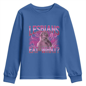 Funny Monkey Meme Lesbians Eat What Youth Sweatshirt LGBTQ Pride Gift TS12 Royal Blue Print Your Wear