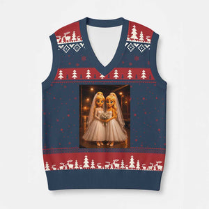 Funny Lesbian Pride Tung Tung Sahur Engagement Gift V-Neck Knit Sweater Vest TS12 Navy Red Print Your Wear