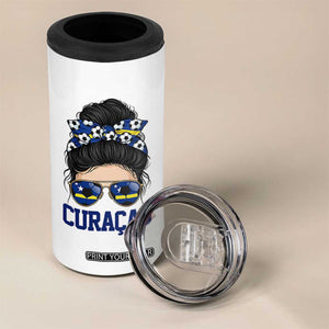 Curacao Soccer Messy Bun Girl 4 in 1 Can Cooler Tumbler Proud Curacaoan Heritage Gift