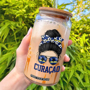 Curacao Soccer Messy Bun Girl Glass Can Proud Curacaoan Heritage Gift