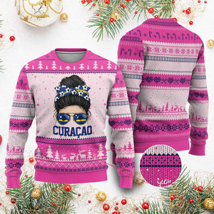 Curacao Soccer Messy Bun Girl Ugly Christmas Sweater Proud Curacaoan Heritage Gift