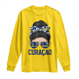 Curacao Soccer Messy Bun Girl Long Sleeve Shirt Proud Curacaoan Heritage Gift