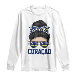 Curacao Soccer Messy Bun Girl Long Sleeve Shirt Proud Curacaoan Heritage Gift