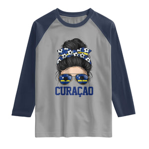 Curacao Soccer Messy Bun Girl Raglan Shirt Proud Curacaoan Heritage Gift