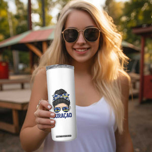 Curacao Soccer Messy Bun Girl Skinny Tumbler Proud Curacaoan Heritage Gift